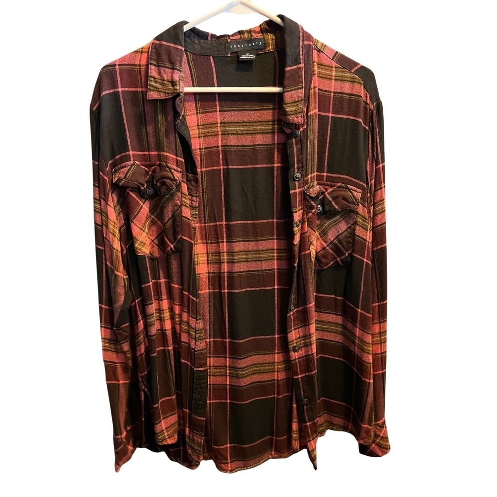 Sanctuary Womens Plaid Button Down Shirt Burgundy Black Rayon XB0001ZRF Size M